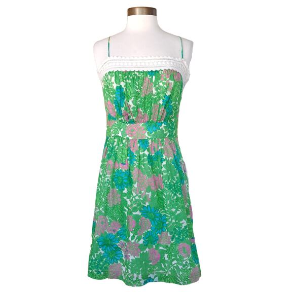 Milly Floral Sun Dress Ping Green Blue Retro Lace Trim - Picture 1 of 8